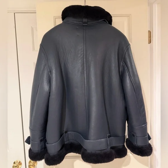 The Arrival Women’s Navy Leather Jacket with Shearling - Picture 3 of 3